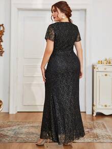 大码 V 领蕾丝新娘母亲礼服优雅连衣裙 - 黑色 - 查看 2