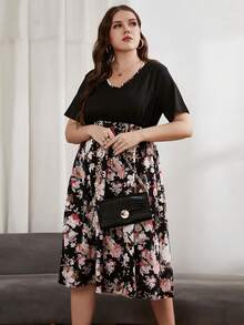 Plus Floral Print Round Neck Dress - Multicolor - View 3