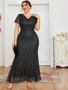 大码 V 领蕾丝新娘母亲礼服优雅连衣裙 - 黑色 - 查看 3