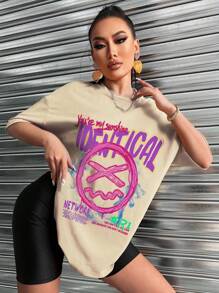 SHEIN Unity Áo thun cổ tròn tay ngắn in khẩu hiệu thường ngày dành cho nữ - Màu Khaki - Xem 1