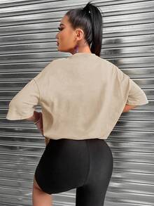 SHEIN Unity Áo thun cổ tròn tay ngắn in khẩu hiệu thường ngày dành cho nữ - Màu Khaki - Xem 2