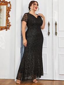 大码 V 领蕾丝新娘母亲礼服优雅连衣裙 - 黑色 - 查看 6