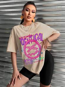 SHEIN Unity Áo thun cổ tròn tay ngắn in khẩu hiệu thường ngày dành cho nữ - Màu Khaki - Xem 4