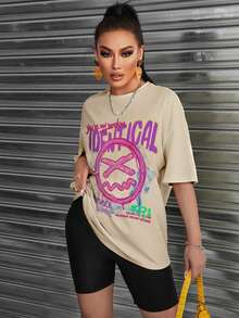 SHEIN Unity Áo thun cổ tròn tay ngắn in khẩu hiệu thường ngày dành cho nữ - Màu Khaki - Xem 6