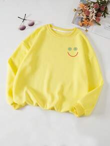 SHEIN EZwear 大碼標語圖案加絨內裏運動衫 - 黃色 - 查看 2