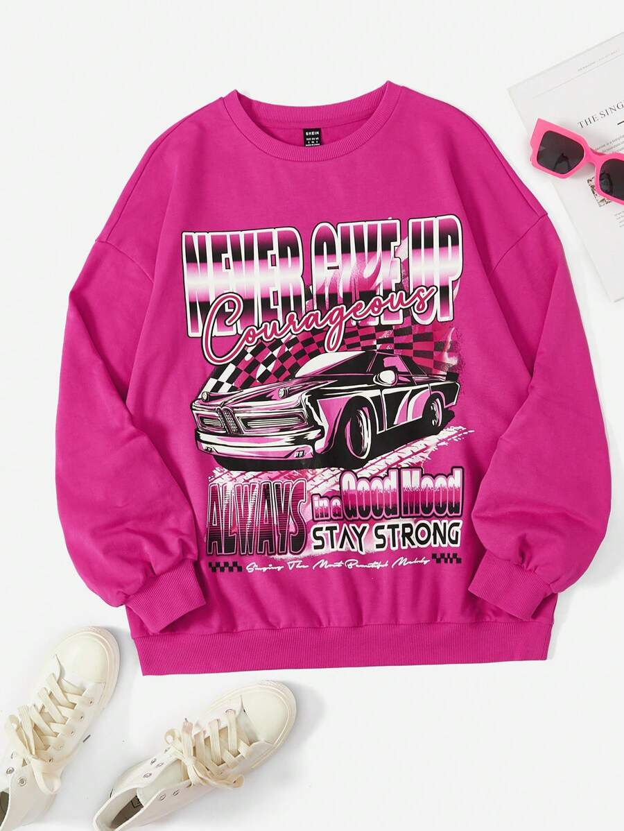 SHEIN Coolane Sudadera con estampado de coche y letra de hombros caídos - Rosa Fucsia - Ver 1