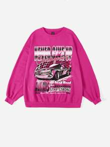 SHEIN Coolane Sudadera con estampado de coche y letra de hombros caídos - Rosa Fucsia - Ver 3