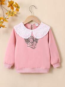 SHEIN Young Girl Figure Graphic Contrast Collar Sweatshirt - Multicolor - View 1