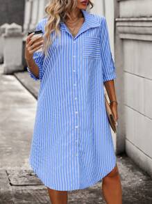 Calvaya Plus Striped Print Pocket Patched Shirt Dress - Blue and White - View 1