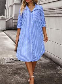 Calvaya Plus Striped Print Pocket Patched Shirt Dress - Blue and White - View 3