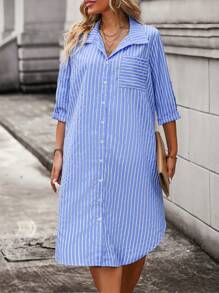 Calvaya Plus Striped Print Pocket Patched Shirt Dress - Blue and White - View 5