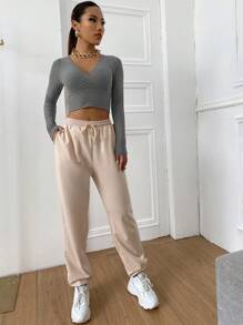 Muchica Surplice Neck Rib-knit Crop Tee - Grey - View 3