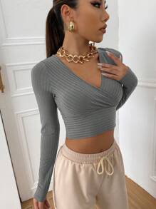 Muchica Surplice Neck Rib-knit Crop Tee - Grey - View 5