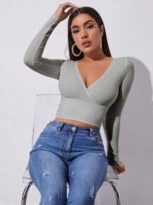 Muchica Surplice Neck Rib-knit Crop Tee - Light Grey - View 1