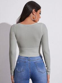 Muchica Surplice Neck Rib-knit Crop Tee - Light Grey - View 2