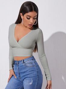 Muchica Surplice Neck Rib-knit Crop Tee - Light Grey - View 3