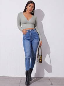 Muchica Surplice Neck Rib-knit Crop Tee - Light Grey - View 4