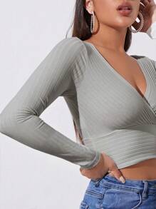 Muchica Surplice Neck Rib-knit Crop Tee - Light Grey - View 5