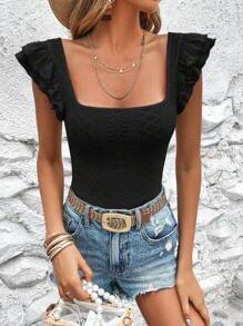 SHEIN VCAY 休閒揉皺 多層分層 網眼刺繡純色女士T恤 - 黑色 - 查看 3