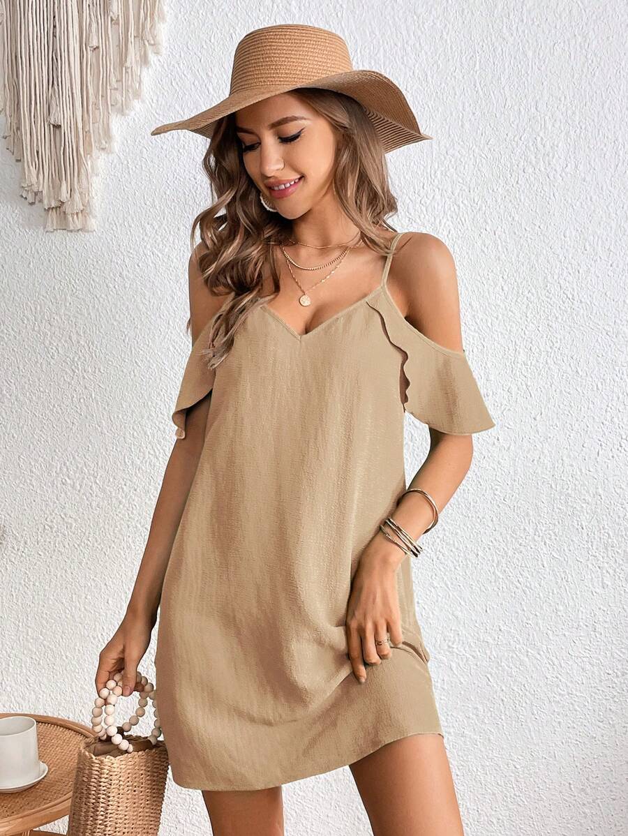 SHEIN VCAY Cold Shoulder Ruffle Trim Tunic Dress