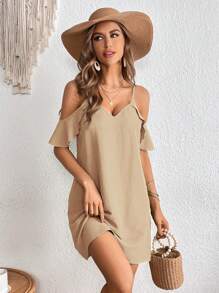 SHEIN VCAY Cold Shoulder Ruffle Trim Tunic Dress
