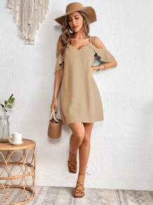 SHEIN VCAY Cold Shoulder Ruffle Trim Tunic Dress