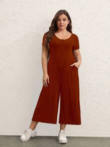 SHEIN BASICS 休閒口袋 前紐扣純色加大碼連身褲 - 酒紅色 - 查看 1