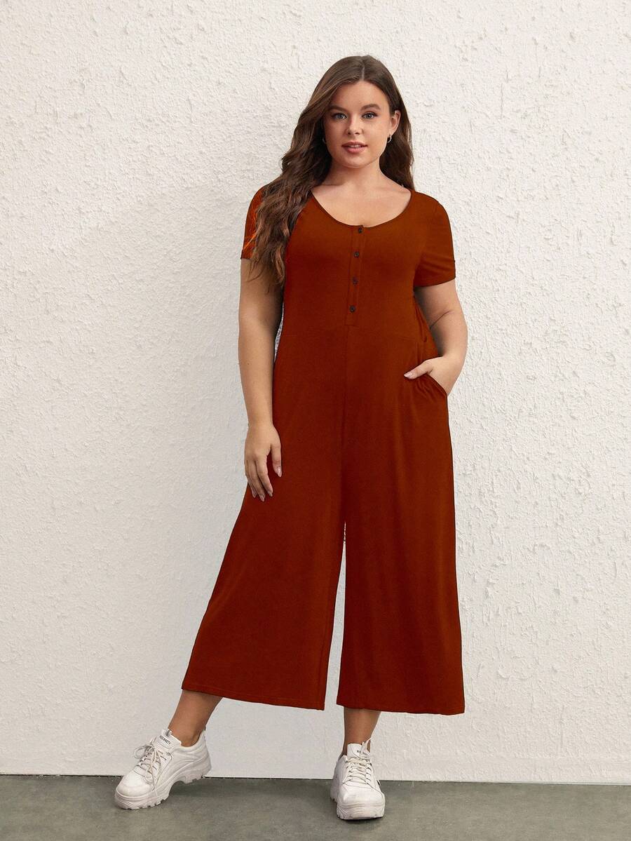 SHEIN BASICS 休閒口袋 前紐扣純色加大碼連身褲 - 酒紅色 - 查看 1