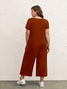 SHEIN BASICS 休閒口袋 前紐扣純色加大碼連身褲 - 酒紅色 - 查看 2