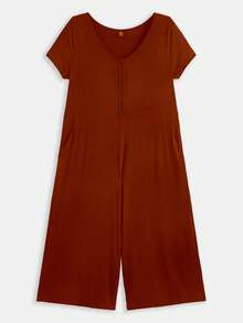 SHEIN BASICS 休閒口袋 前紐扣純色加大碼連身褲 - 酒紅色 - 查看 4