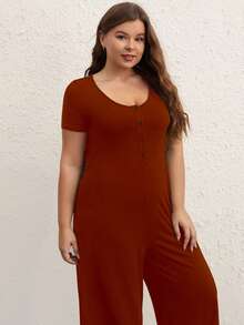 SHEIN BASICS 休閒口袋 前紐扣純色加大碼連身褲 - 酒紅色 - 查看 5