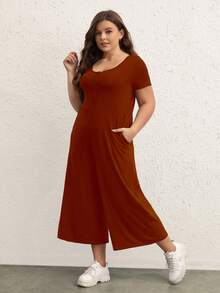 SHEIN BASICS 休閒口袋 前紐扣純色加大碼連身褲 - 酒紅色 - 查看 6