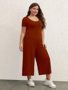 SHEIN BASICS 休閒口袋 前紐扣純色加大碼連身褲 - 酒紅色 - 查看 7