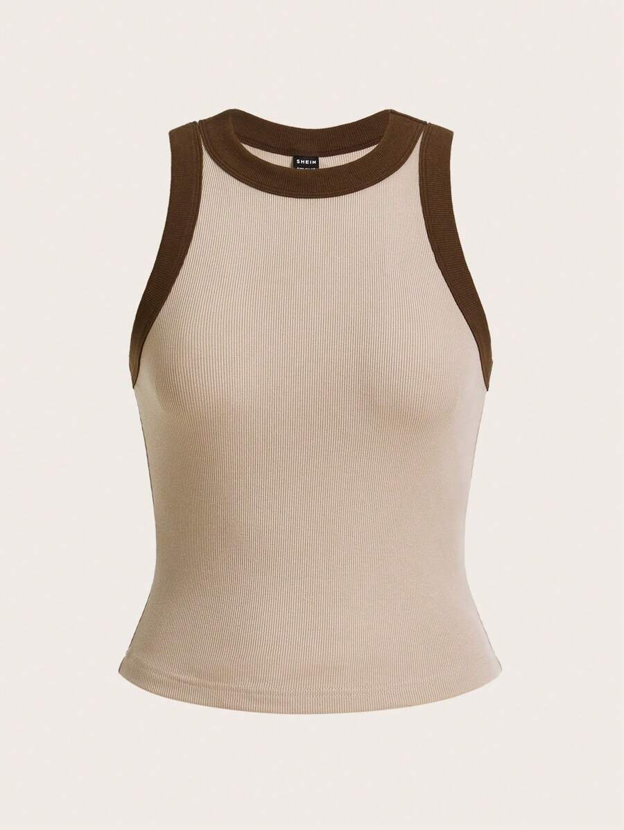 Tseoso Contrast Trim Ribbed Knit Tank Top - Beige - View 1