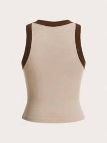 Tseoso Contrast Trim Ribbed Knit Tank Top - Beige - View 2