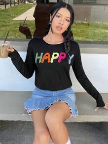 SHEIN EZwear Letter Pattern Crop Sweater - Black - View 1