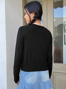 SHEIN EZwear Letter Pattern Crop Sweater - Black - View 2