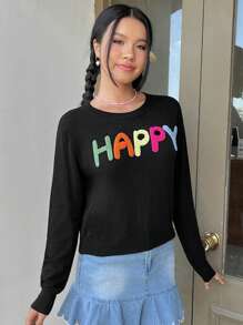 SHEIN EZwear Letter Pattern Crop Sweater - Black - View 3