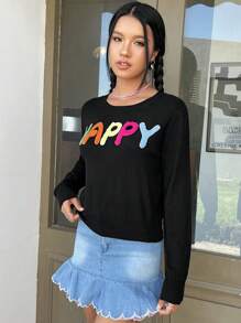 SHEIN EZwear Letter Pattern Crop Sweater - Black - View 5