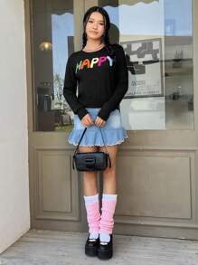 SHEIN EZwear Letter Pattern Crop Sweater - Black - View 6