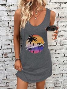 SHEIN VCAY Bản in nhiệt đới Váy ba lỗ - Màu xám đen - Xem 1