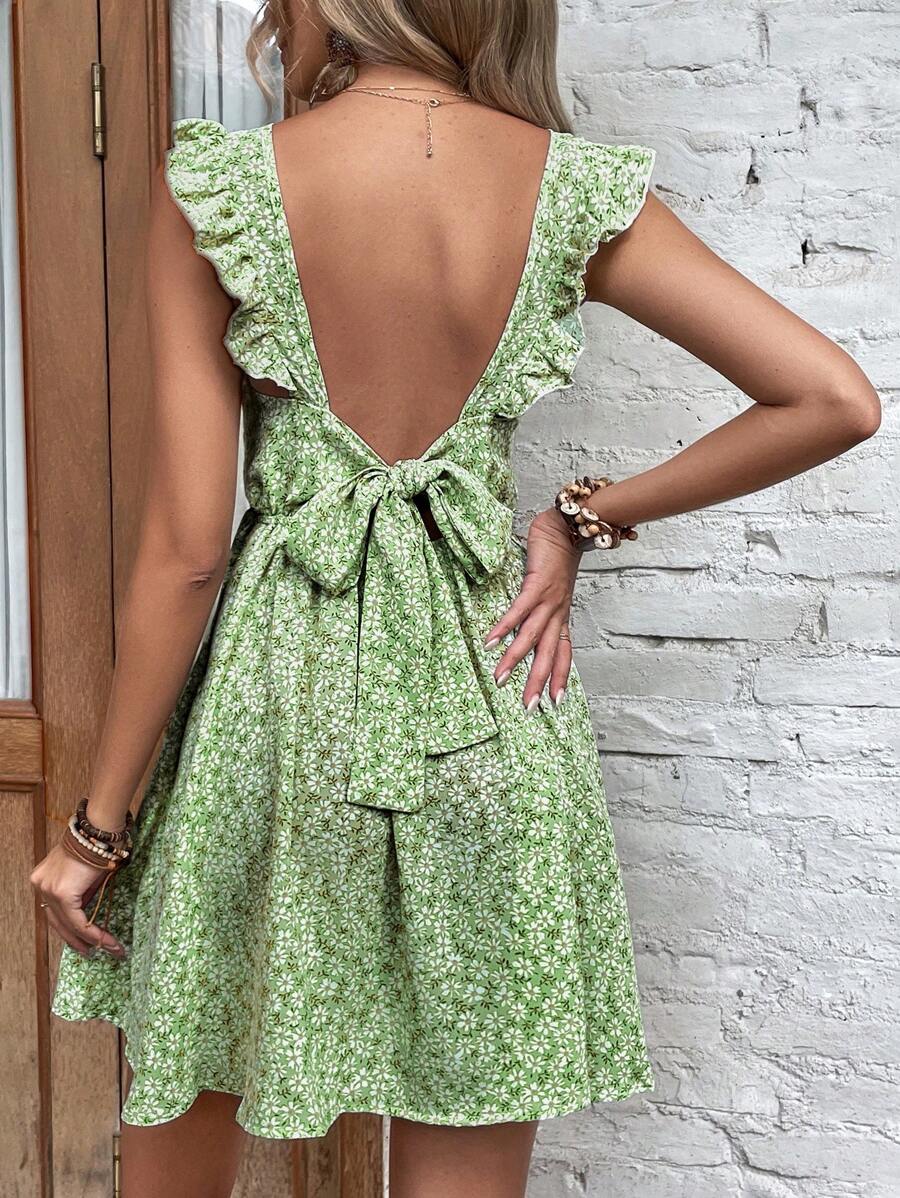 SHEIN Frenchy 小碎花露背打結荷葉邊連衣裙 - 綠色 - 查看 1