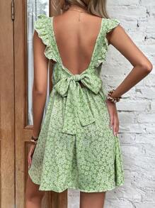 SHEIN Frenchy 小碎花露背打結荷葉邊連衣裙 - 綠色 - 查看 2
