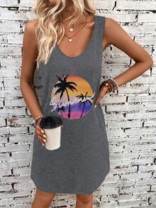 SHEIN VCAY Bản in nhiệt đới Váy ba lỗ - Màu xám đen - Xem 3