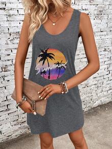 SHEIN VCAY Bản in nhiệt đới Váy ba lỗ - Màu xám đen - Xem 4