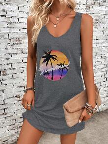 SHEIN VCAY Bản in nhiệt đới Váy ba lỗ - Màu xám đen - Xem 5