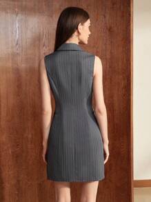 BizChic Sọc Cổ áo Nút đôi Đầm - Màu xám đen - Xem 2