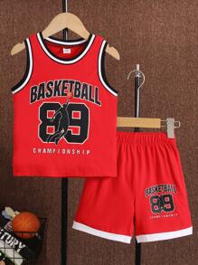 SHEIN Chàng trai trẻ Đồ họa Chữ cái Sọc trang trí Áo bóng rổ Bộ - Đỏ - Xem 1