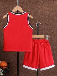 SHEIN Chàng trai trẻ Đồ họa Chữ cái Sọc trang trí Áo bóng rổ Bộ - Đỏ - Xem 2