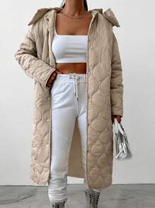 EURMUSE Solid Snap Button Front Hooded Quilted Coat - Beige - View 1